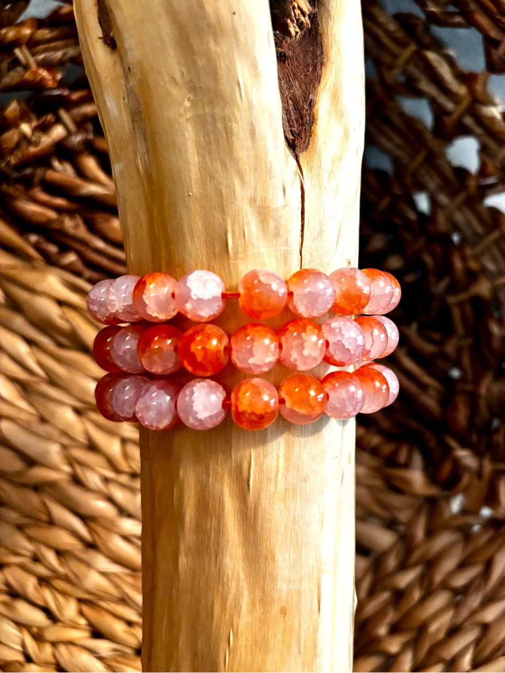 Stacked Pink & Orange Stone Round Bead Bracelet
